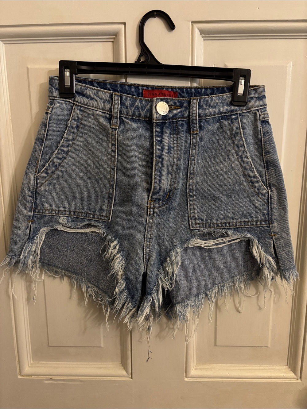 Signature Frayed Hem Light Blue Denim Shorts